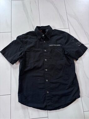 Harley Davidson short sleeve button front mechanic style black shirt size S/M